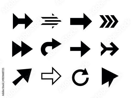 A collection of twelve diverse black arrow icons representing various directions and functionalities on a clean white background.