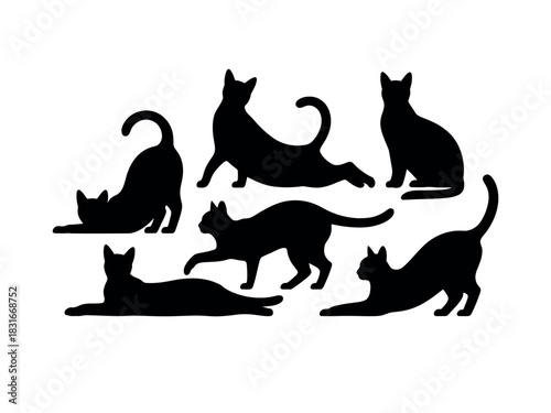 A collection of diverse black cat silhouettes showcases various playful and resting poses on a white background.