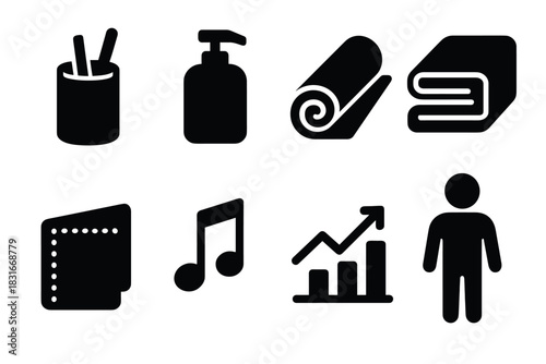 Collection of bold minimalist icons for everyday essentials and functional design