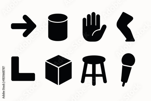 Bold minimalist icon set featuring arrows cylinders hands and more for modern designs