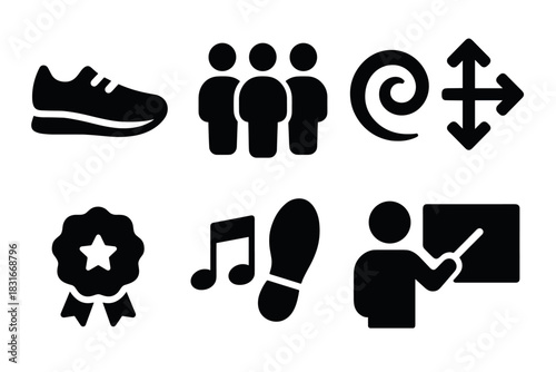 Bold vector icons set featuring shoes, people, spiral, arrows, award ribbon, music note, footprint, and teaching concept for graphic design