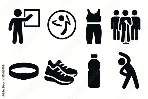 Minimalist fitness icons set featuring exercise, apparel, and equipment for health and wellness design