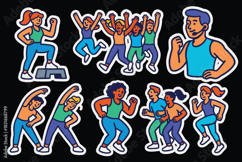 Colorful fitness stickers featuring diverse group exercises and energy for workout themes