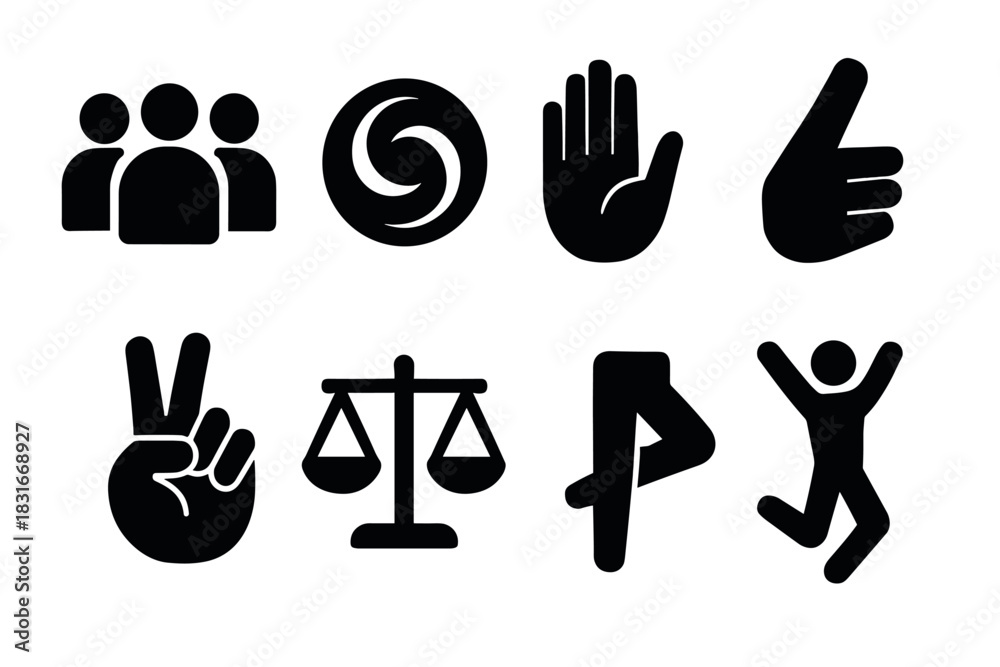 Fototapeta premium Bold vector icons set featuring hand gestures, balance scale, group, and active person silhouettes for creative design