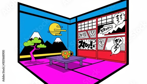 A vibrant, stylized cartoon illustration of a Japanese room with traditional landscape and manga panels, featuring a low table and cup.