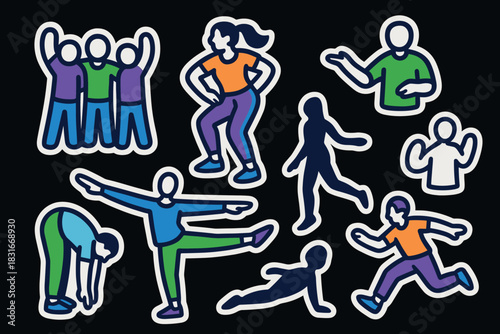 Vibrant icons illustrating teamwork and active lifestyle for creative design