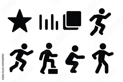 Minimalist vector icons featuring star, graphs, and running figures for design projects