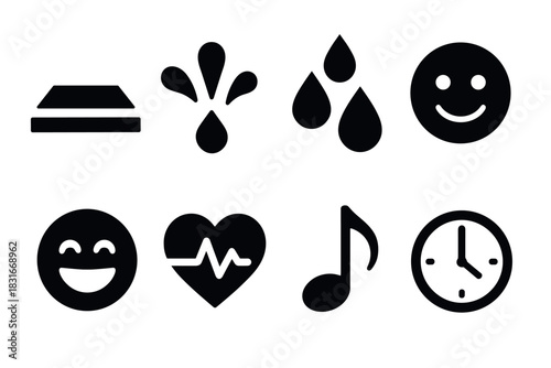 Bold vector icons: wellness, music, and time concepts for design projects