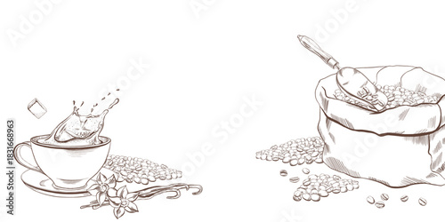 Coffee template with coffee cup with splashing liquid as a sugar cube drops inside,Coffee beans pile,Vanilla pods and blossoms,burlap sack,vintage metal scoop with a wooden handle in vector graphic 