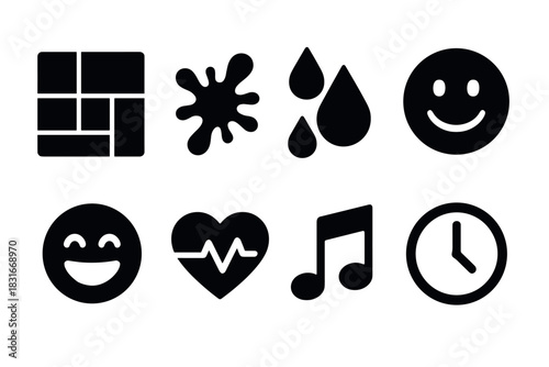 Bold icon set featuring smiley faces, music, heartbeat, clock, and water droplets for creative design projects