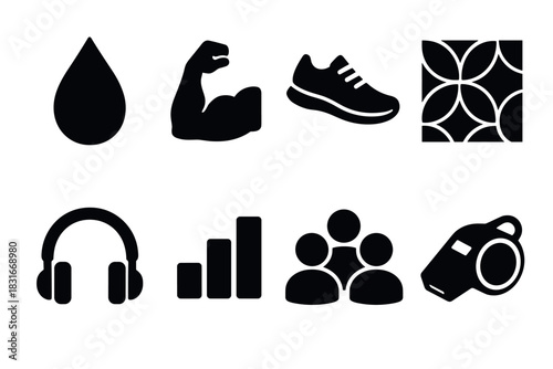 Minimalist icon set featuring fitness, music, and sports designs for digital and print use
