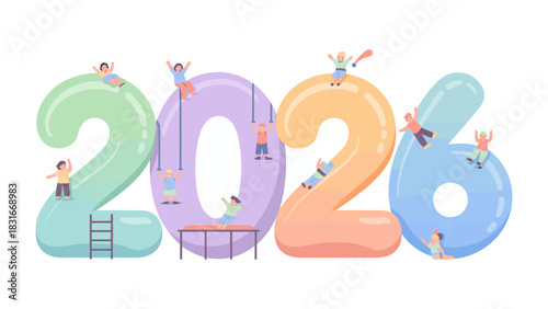 2026: A playful illustration of the year 2026, where a group of cheerful individuals engage in recreational activities, symbolizes a future filled with joy and excitement.