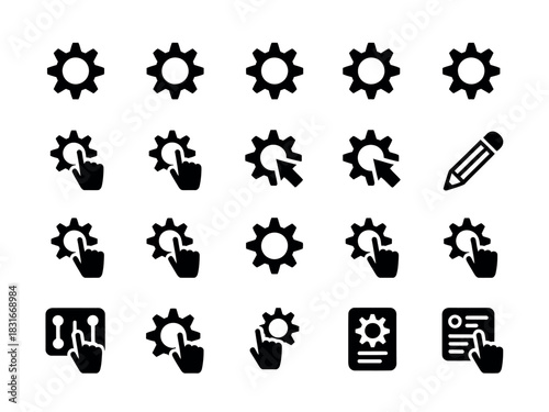 A collection of cogwheel icons represents settings, configuration, and technical options within a digital interface.