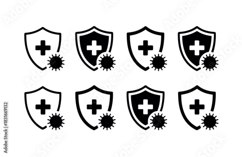 A collection of shield icons with a medical cross and virus symbol represents health protection and immunity against disease.