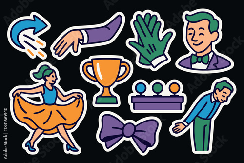 Vibrant dance icon collection featuring dancers, bow ties, trophies, and gloves for creative design