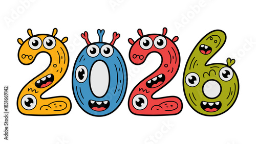 New Year's Whimsical: A colorful and playful illustration features the numerals 2026 each adorned with a cute, monster-like design, radiating a cheerful and imaginative aesthetic.