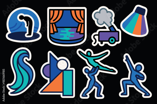 Collection of vibrant theatrical icons illustrating performance, stage design, and artistic expression