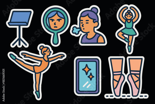 Ballet and dance practice sticker set with ballet poses and accessories for creative design