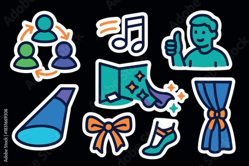 Colorful dance icons collection featuring music symbols and performance elements for creative design