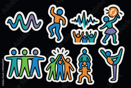 Energetic motion icons for dance and team activities design