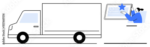 Delivery truck beside person reviewing ratings on digital screen. Ideal for logistics, e-commerce, supply chain, customer experience, technology, feedback, brand trust. Simple flat metaphor