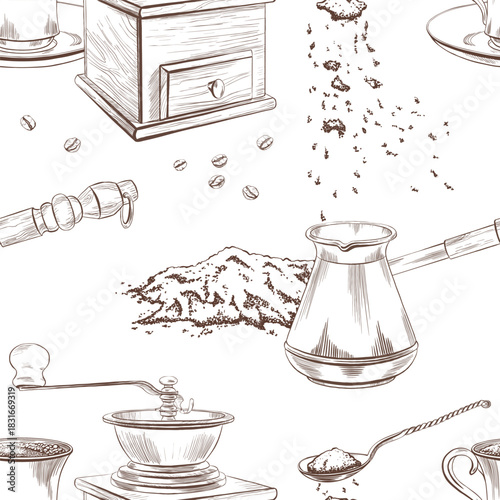 Seamless pattern with a Turkish coffee pot and ground coffee poured into it, a cup of hot coffee on a saucer with roasted coffee beans,hand coffee grinder.Vector minimalistic line art for menu design