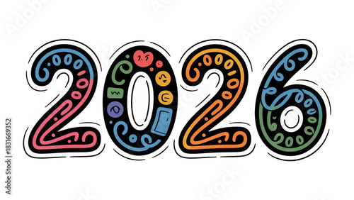 Year 2026 Typography Design: An eye-catching, handcrafted design presents the year 2026. The unique artistry fuses numbers with decorative elements. A celebration of a new year.