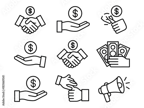 A collection of simple line art icons depicting financial transactions, handshakes, and money exchanges, symbolizing business and economic concepts.