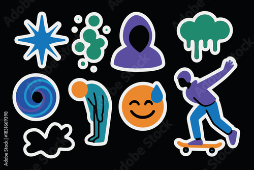 Vibrant icon stickers for creative design and decoration: emojis, skateboarding, symbols