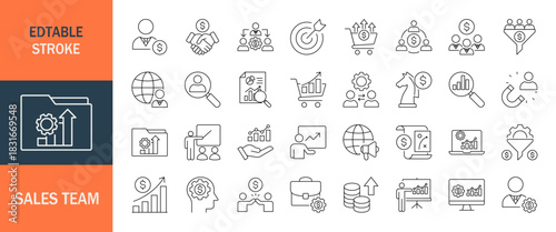 Sales team icon set. Editable line icons. Vector illustration.
