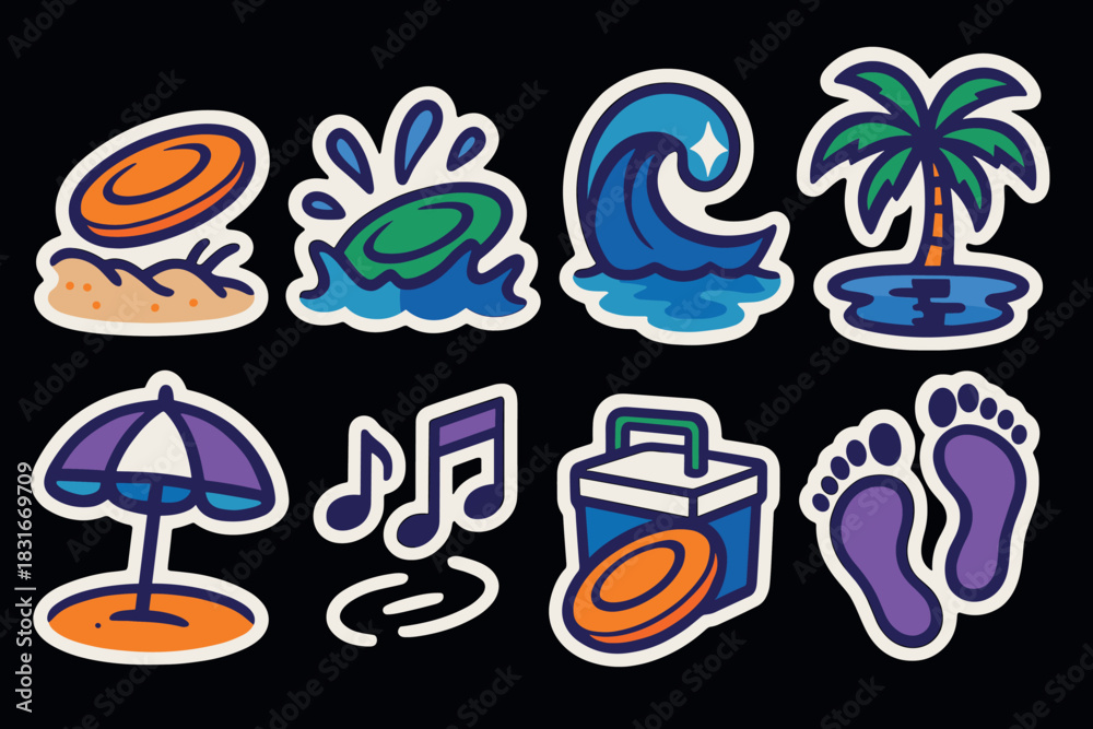 Obraz premium Beach fun and relaxation stickers: frisbee, ocean waves, and tropical vibes for summer decoration
