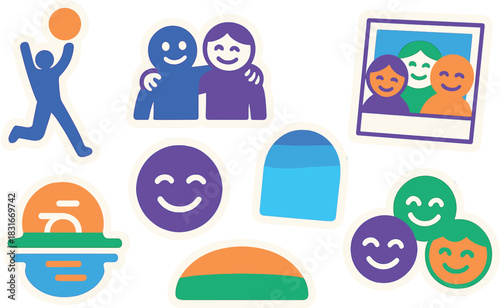 Colorful icon collection featuring smiley faces and playful graphics for creative design projects