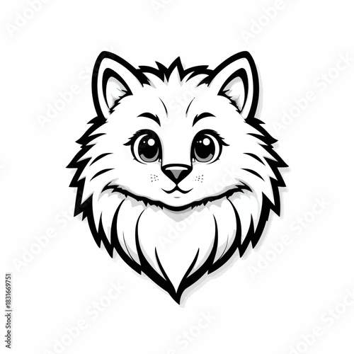 Cute fluffy cartoon cat or fox head drawing in black and white isolated on white background