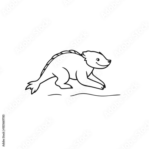 Simple black and white line drawing of a cartoon prehistoric animal with scales on its back isolated on white background