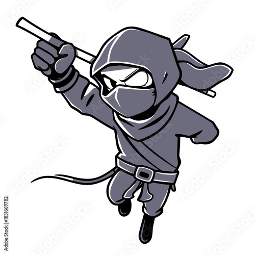 Cartoon illustration of a small ninja warrior in a gray suit leaping with a stick weapon, isolated on white background
