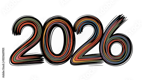 Vibrant 2026 Typography: Artistic depiction of the year 2026, composed of colorful, intertwined strokes, representing the concept of the future