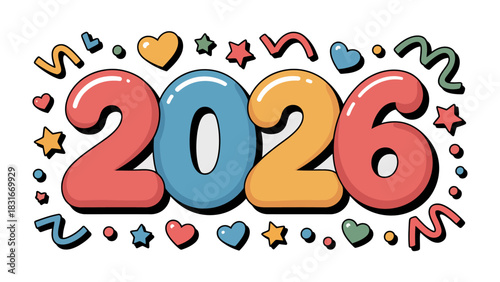 Vibrant 2026: A playful and colorful illustration of the year 2026, surrounded by whimsical shapes, symbols of joy and anticipation for the future.