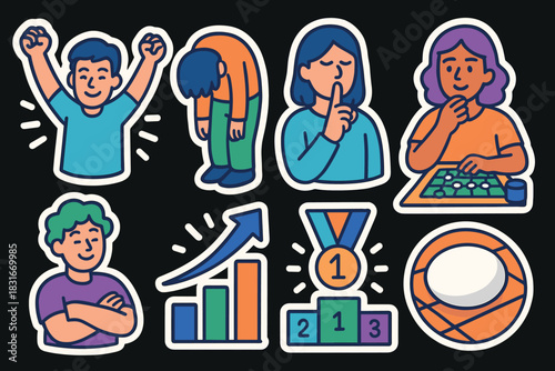 Playful icon stickers collection featuring emotions and activities for creative design projects