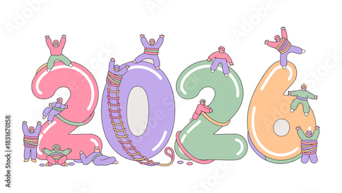 Building 2026 Together: A whimsical illustration showing a team working together to build and celebrate the year 2026, creating a sense of collaboration and optimism. 