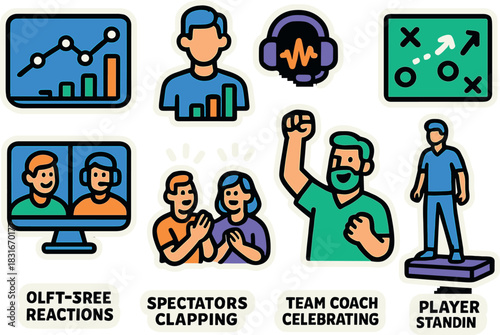 Vibrant sports icon set featuring coaches, spectators, and strategic elements for creative design
