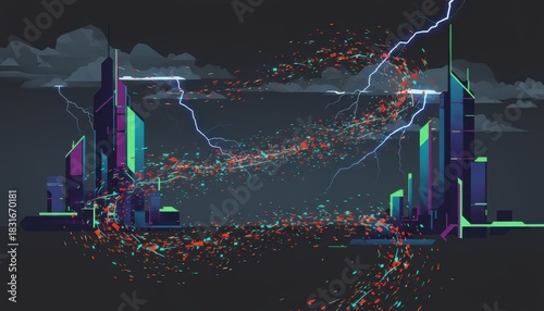 Futuristic city skyline connected by vibrant energy and lightning bolts in a digital art style.