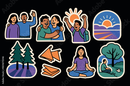 Joyful group icons: outdoor adventures, meditation, and sunrise scenes for posters