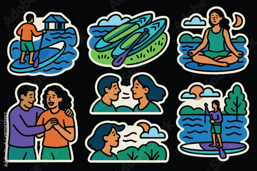Outdoor harmony and paddleboarding adventure icons for relaxation and connection