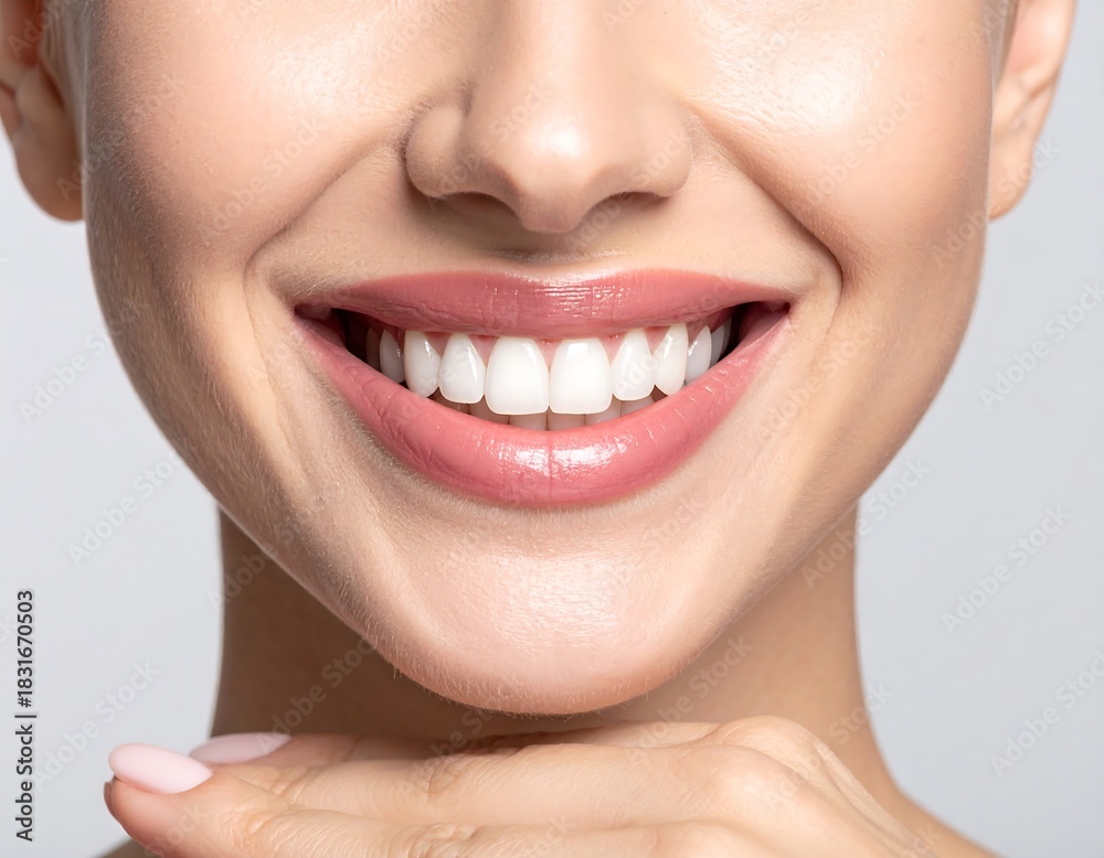 Obraz premium Close-up of a smiling woman's mouth with pink lips and perfect white teeth, hand touching chin, on soft background