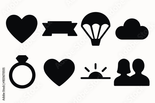 Minimalist icon silhouettes collection featuring heart, cloud, parachute, and ring designs for versatile use