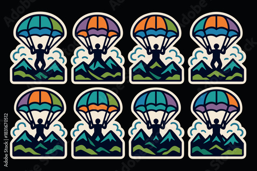 Colorful parachute icons with mountain backgrounds for adventure and outdoor designs