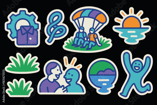 Vibrant work life icons for communication and leisure illustrations