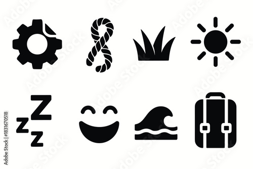 Minimalist icon set featuring gear, rope, sun, and other simple symbols for design projects