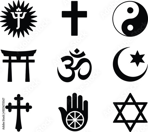 Minimalist World Religion Symbols Vector Set Black and White Icons for Design