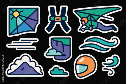 Vibrant paragliding and hang gliding icons for outdoor adventure design